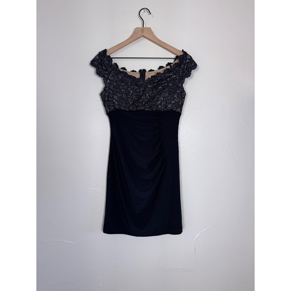 Xscape Navy Glitter Lace Off Shoulder Ruched Cocktail Dress Size 8